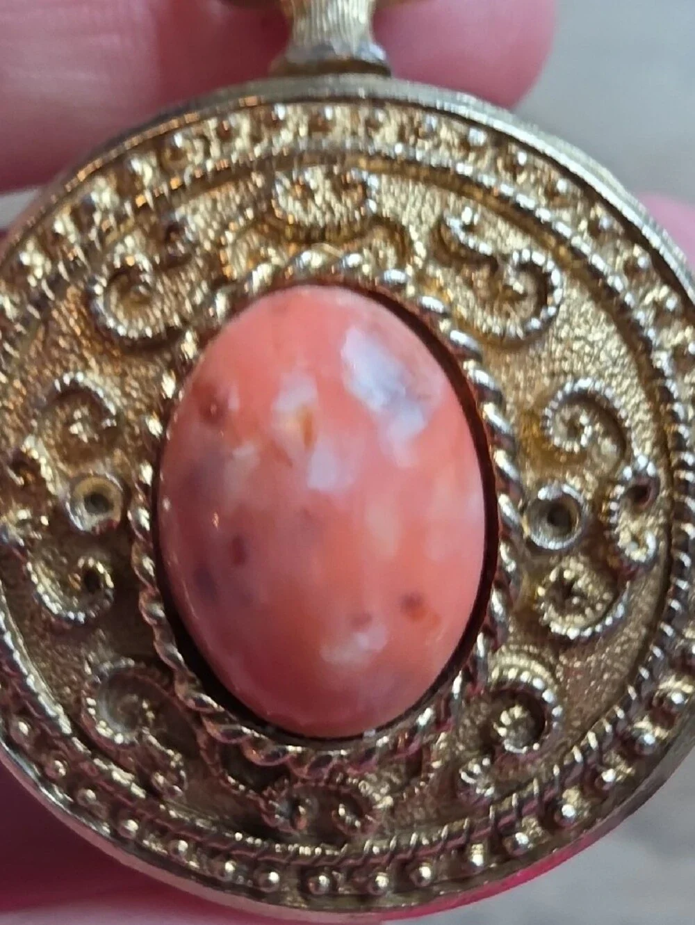 Gold-Tone Pendant Necklace with Coral Pink Cabochon